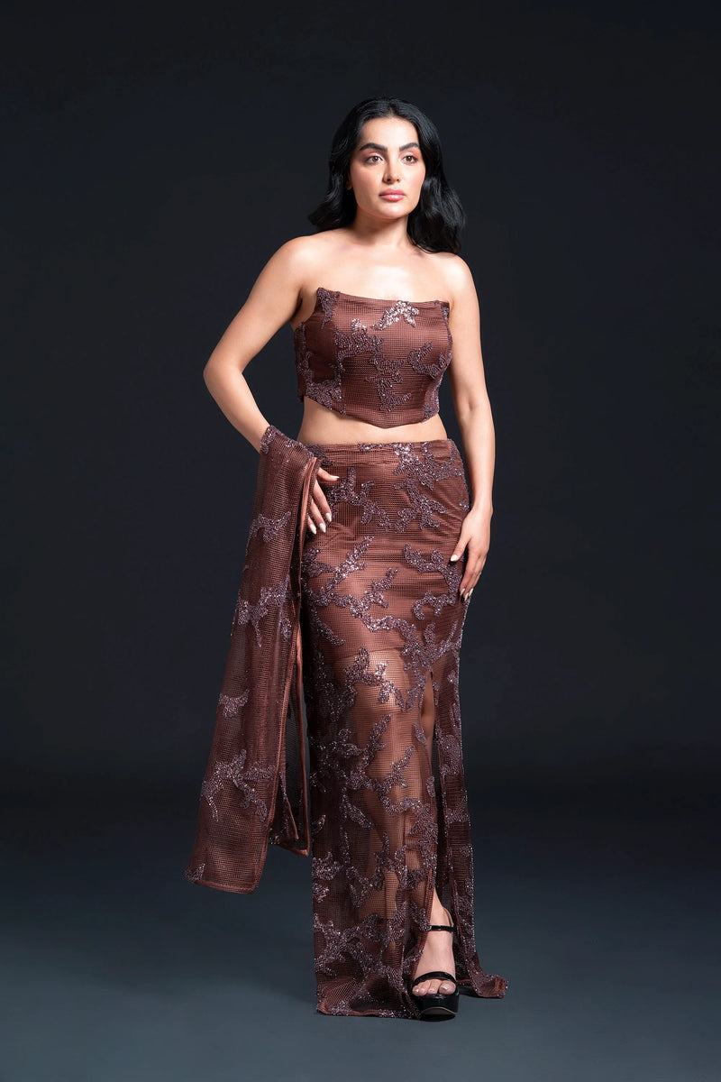 Brown Slit Long Straight Skirt Set — alternate view