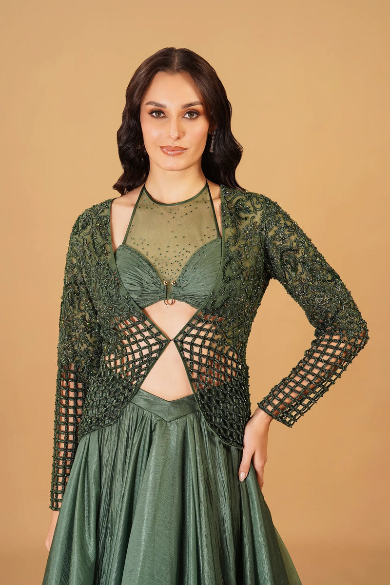 Dark Green Cutwork Skirt and Jacket Set — alternate view