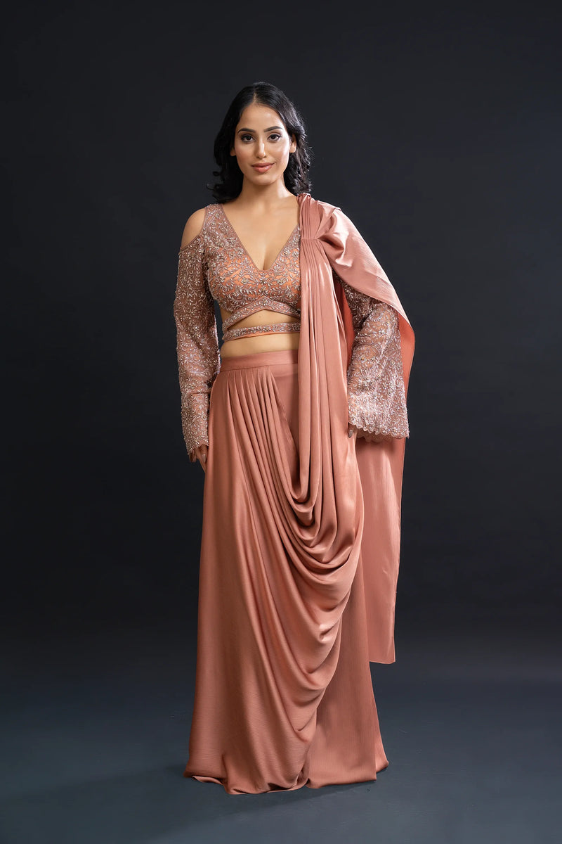 Dusty Peach Drape Saree — alternate view