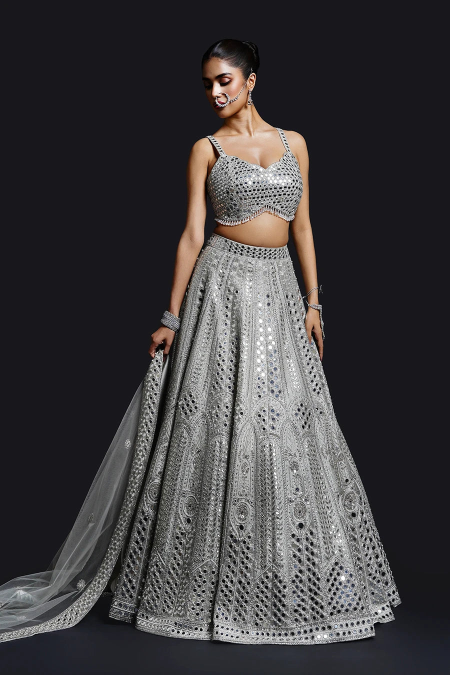 Sage Green Mirror Work Lehenga