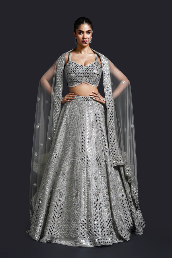 Sage Green Bridal Lehenga Set with Mirror Work, Dabka and Gota Patti Embroidery for Reception Wear by Aahana's by Nidhi Mehra