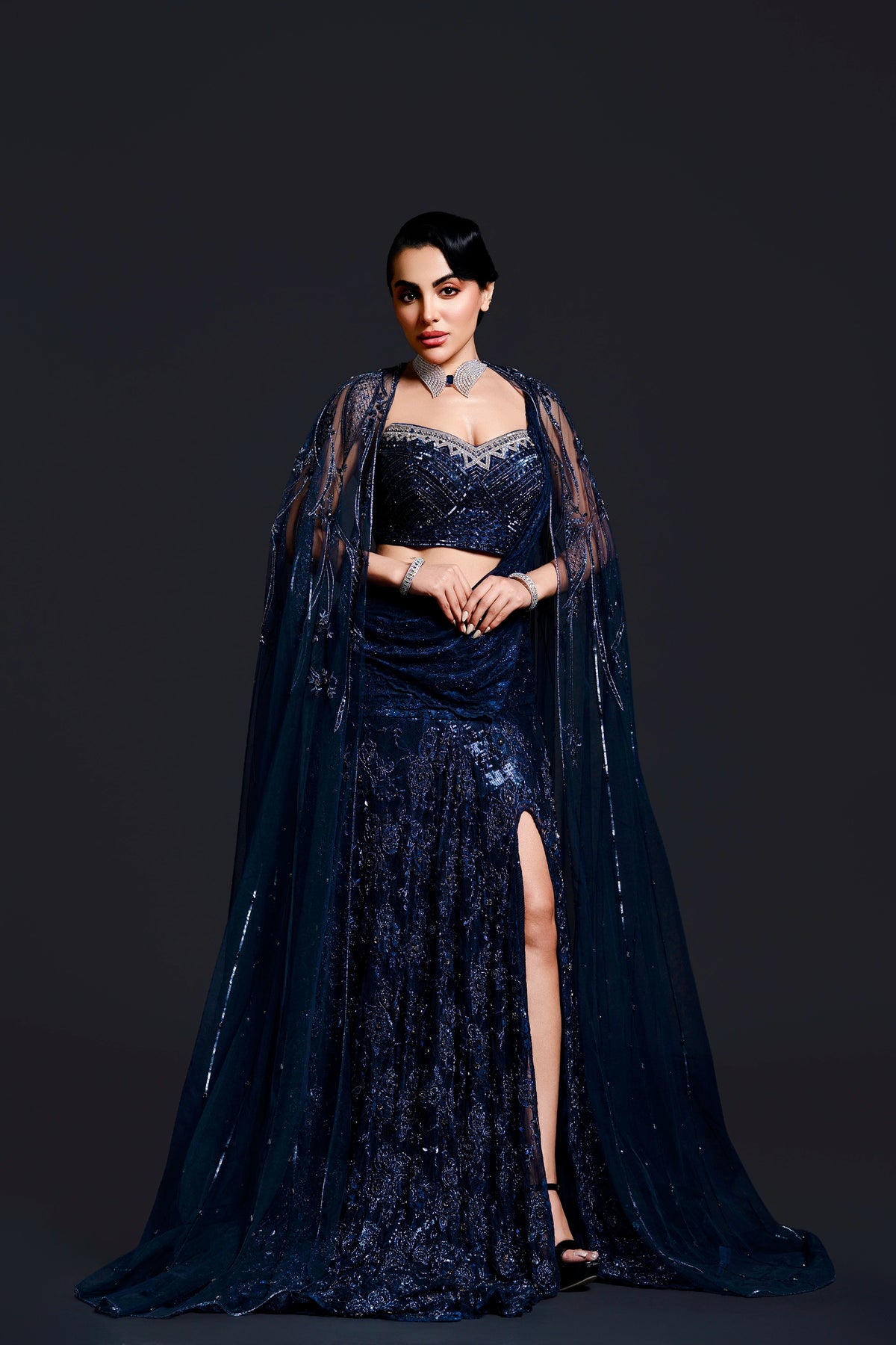 Navy Blue Bridal Slit Gown with Sequin Embellishment for Reception Wear by Aahana's by Nidhi Mehra