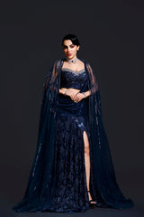 Navy Blue Bridal Slit Gown with Sequin Embellishment for Reception Wear by Aahana's by Nidhi Mehra