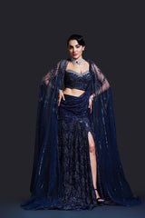 Navy Blue Bridal Slit Gown with Sequin Embellishment for Reception Wear by Aahana's by Nidhi Mehra