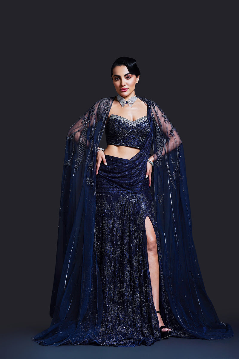 Navy Blue Bridal Slit Gown with Sequin Embellishment for Reception Wear by Aahana's by Nidhi Mehra