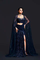 Navy Blue Bridal Slit Gown with Sequin Embellishment for Reception Wear by Aahana's by Nidhi Mehra