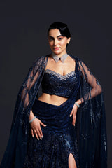 Navy Blue Bridal Slit Gown with Sequin Embellishment for Reception Wear by Aahana's by Nidhi Mehra