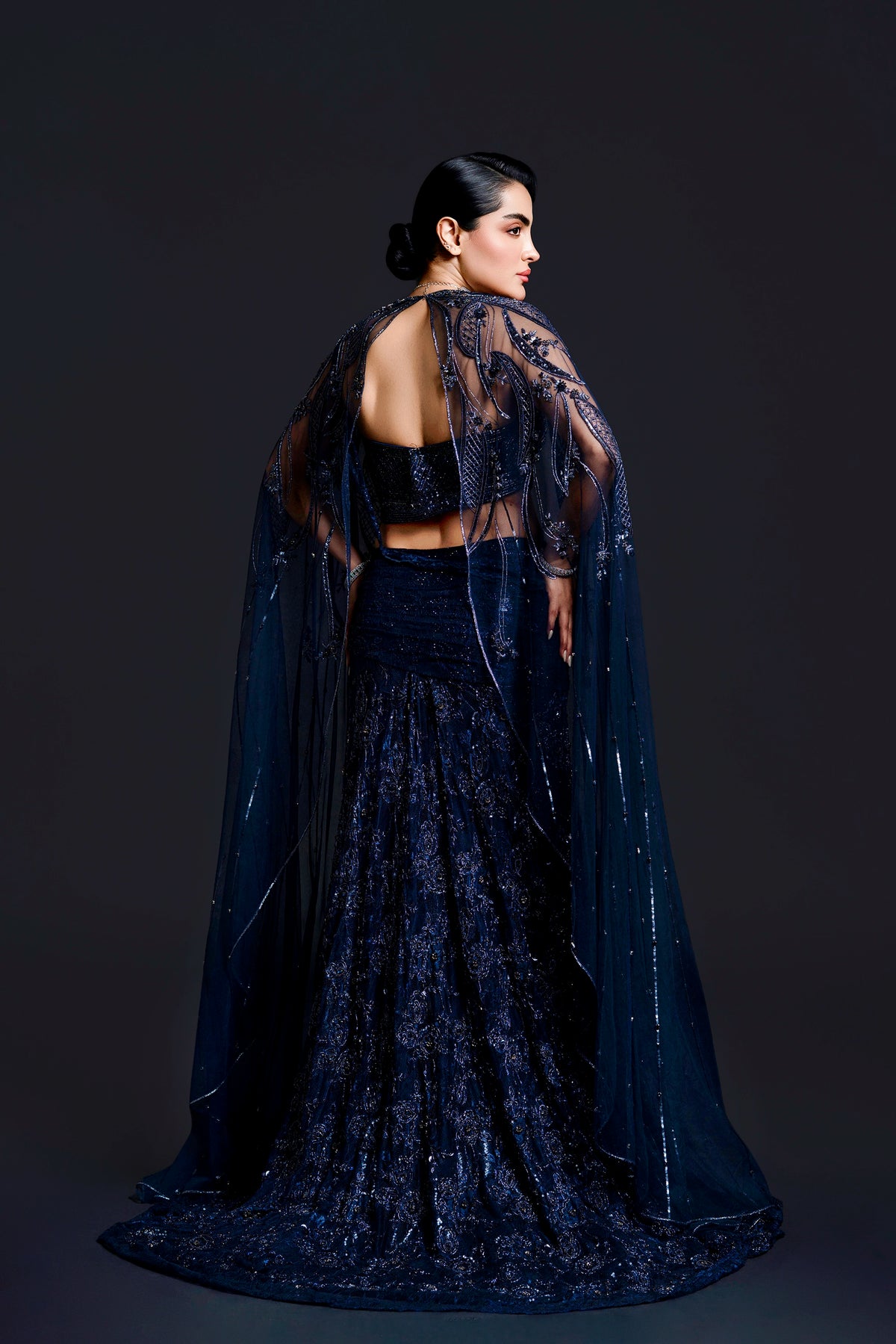 Navy Blue Bridal Slit Gown with Sequin Embellishment for Reception Wear by Aahana's by Nidhi Mehra