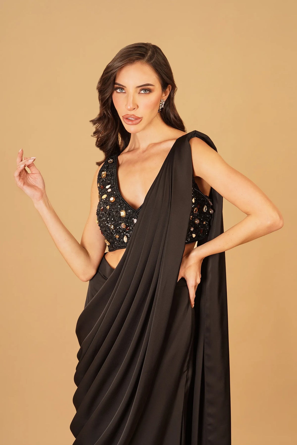 Black Crepe Drape Saree