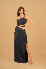 Blue Self-Work Skirt Set
