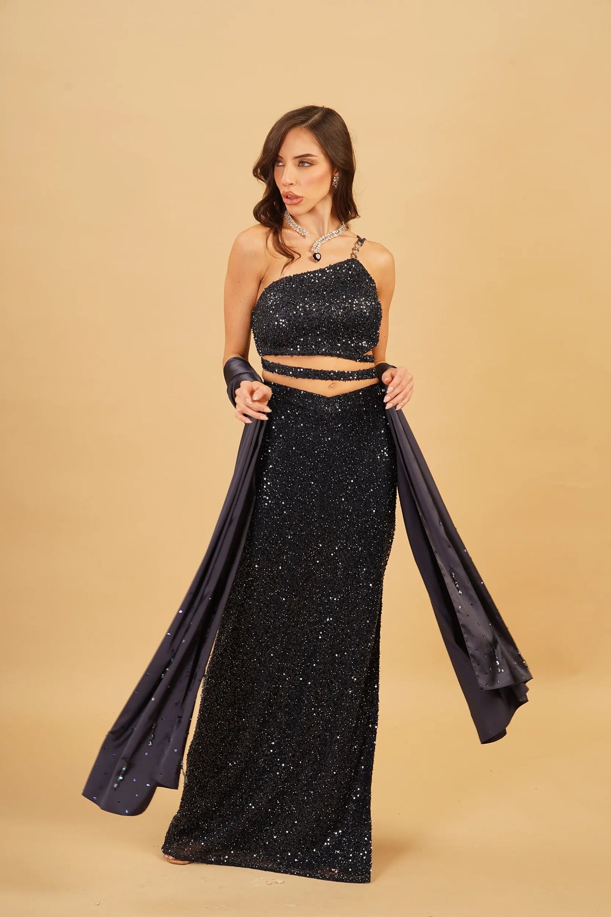 Blue Self-Work Skirt Set