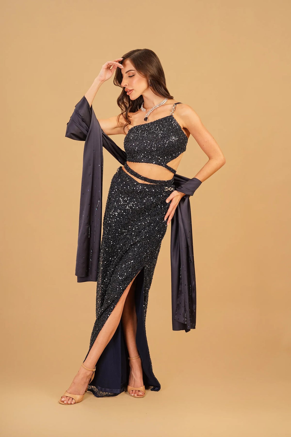 Blue Self-Work Skirt Set
