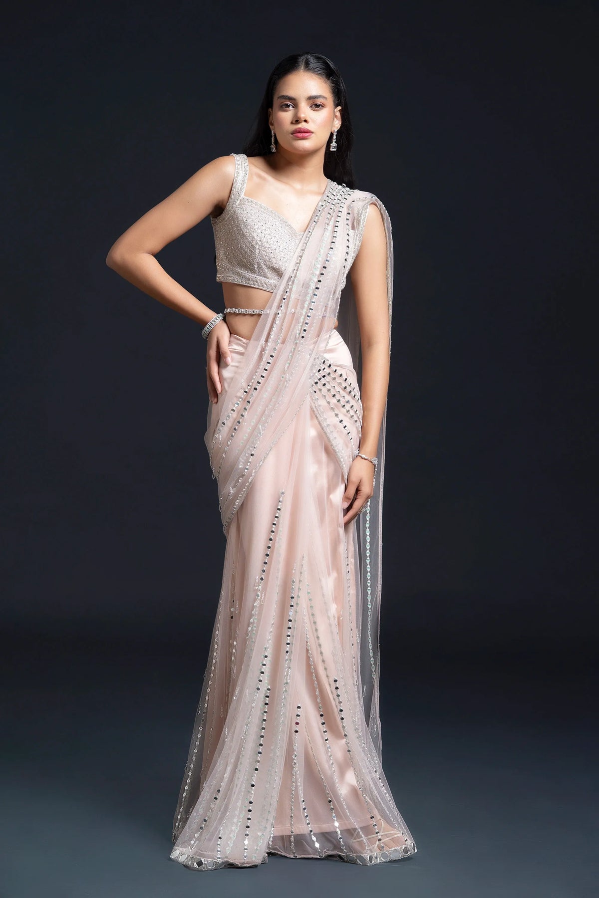 Blush Pink Drape Saree with Mirror Work Embroidery for Indo-Western Occasion Wear by Nidhi Mehra Couture