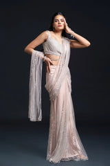 Blush Pink Drape Saree with Mirror Work Embroidery for Indo-Western Occasion Wear by Nidhi Mehra Couture