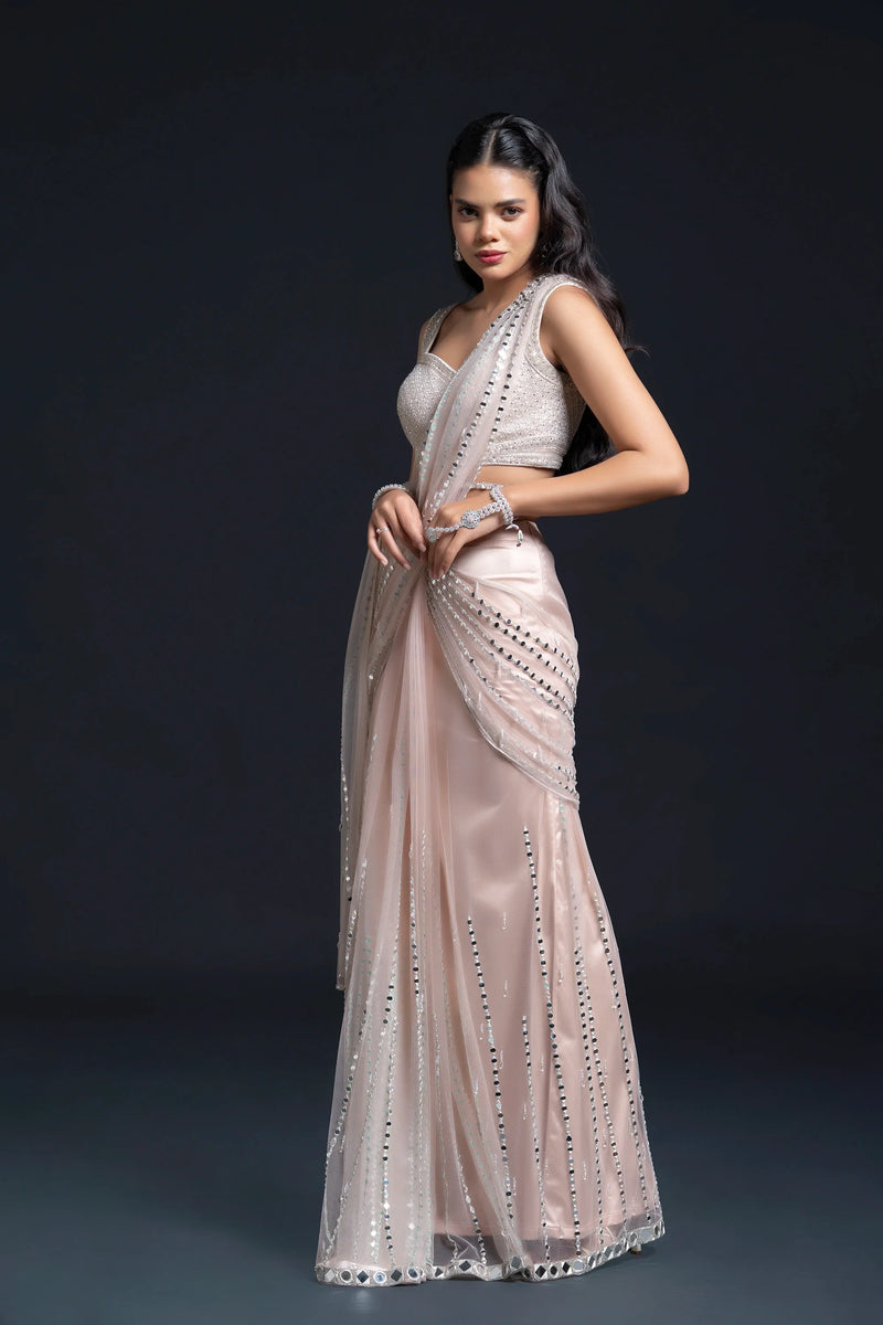 Blush Pink Drape Saree with Mirror Work Embroidery for Indo-Western Occasion Wear by Nidhi Mehra Couture