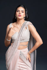 Blush Pink Drape Saree with Mirror Work Embroidery for Indo-Western Occasion Wear by Nidhi Mehra Couture