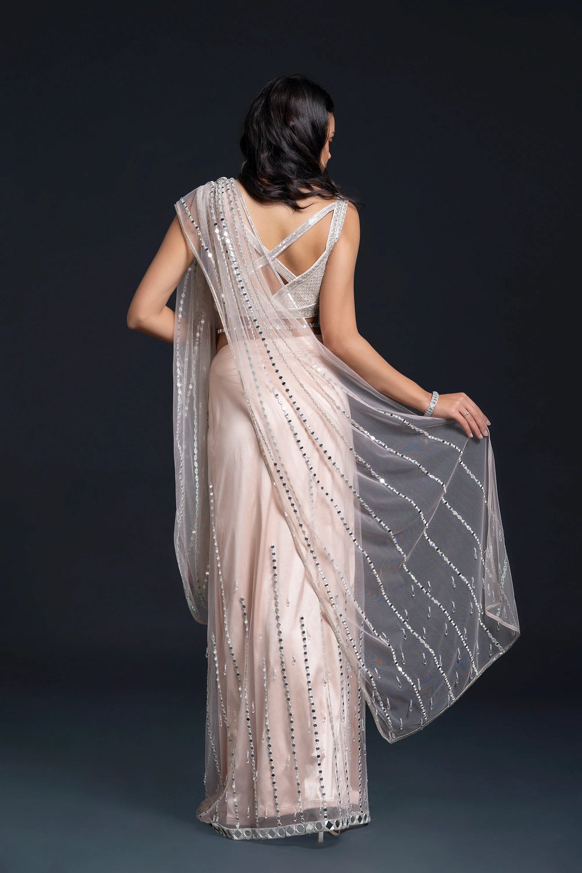 Blush Pink Drape Saree with Mirror Work Embroidery for Indo-Western Occasion Wear by Nidhi Mehra Couture