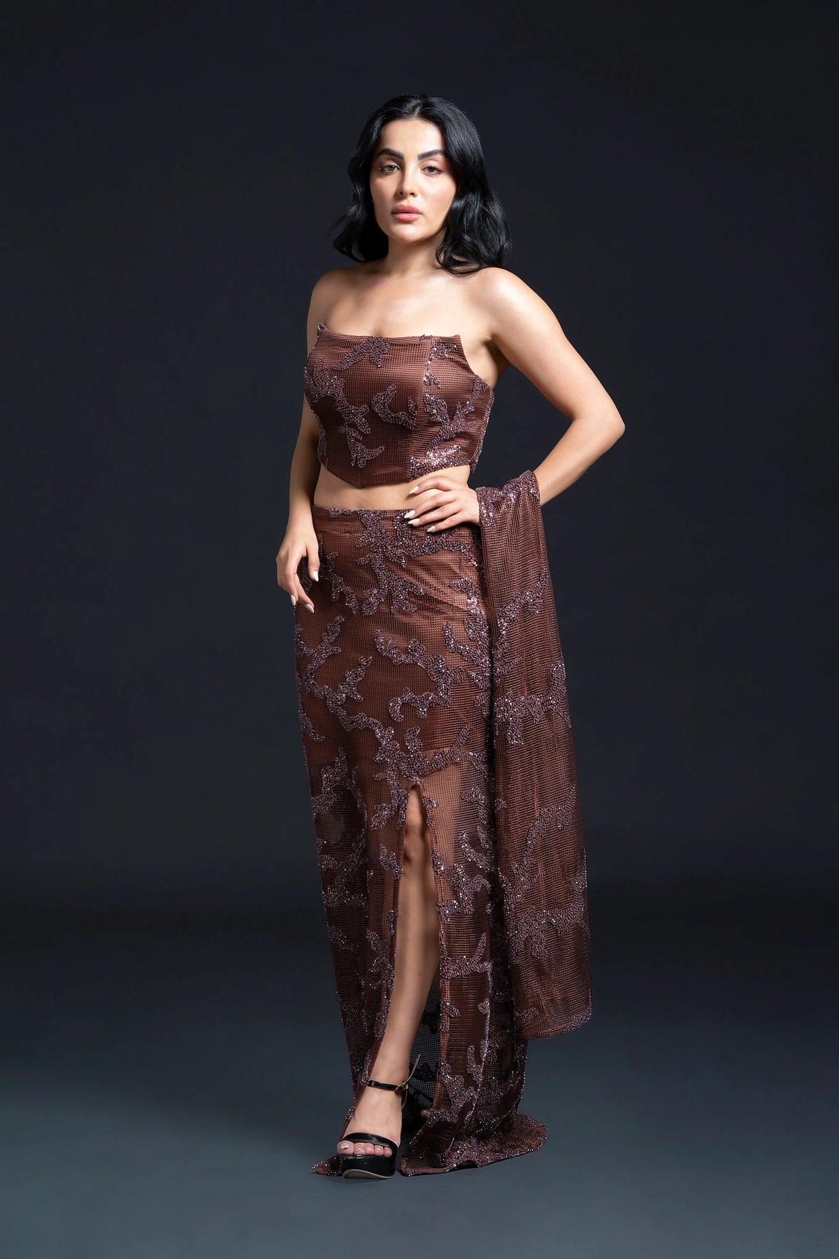 Brown Slit Long Skirt Set with Sequin Embellishment for Indo-Western Occasion Wear by Nidhi Mehra Couture