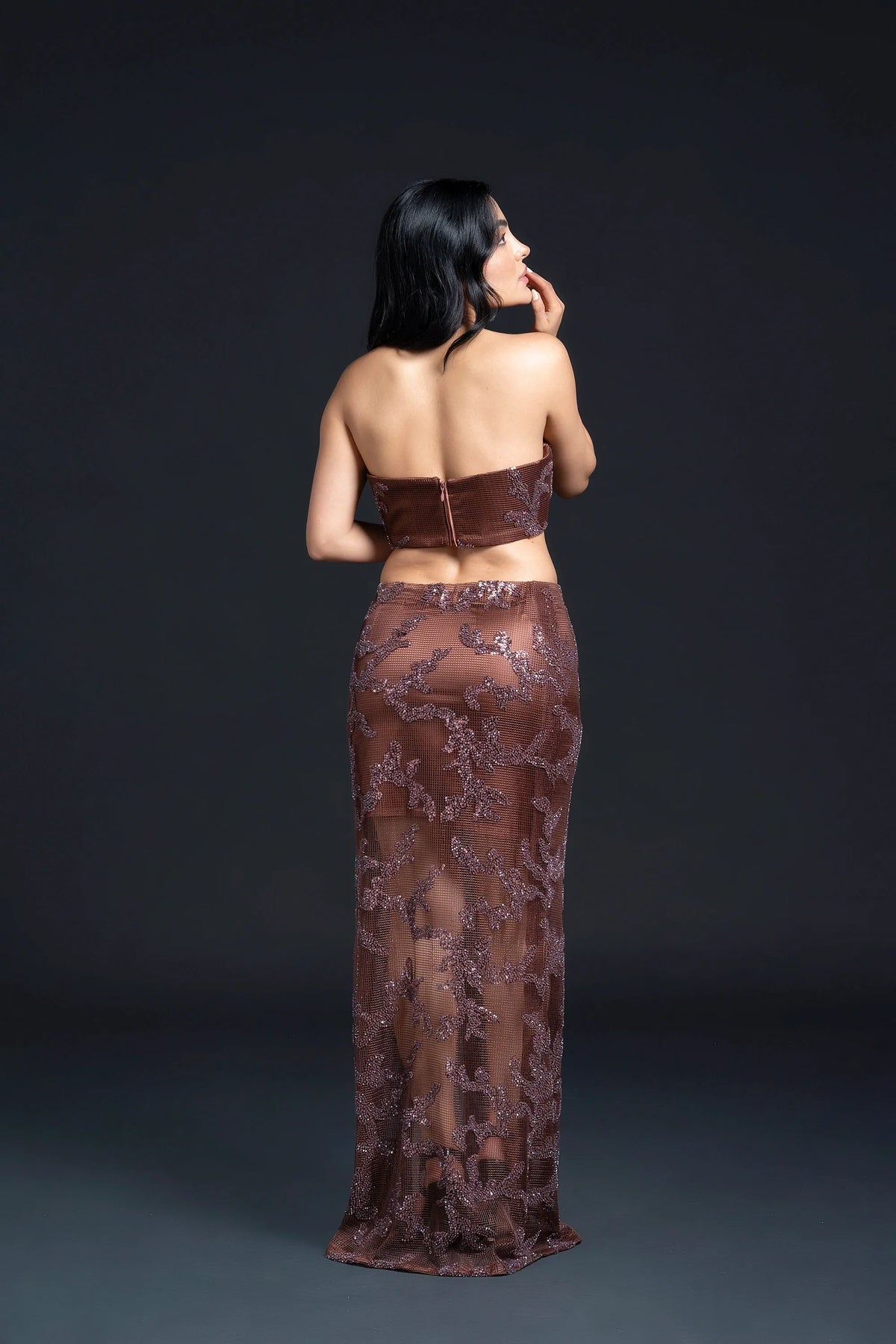 Brown Slit Long Skirt Set with Sequin Embellishment for Indo-Western Occasion Wear by Nidhi Mehra Couture