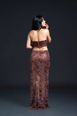 Brown Slit Long Skirt Set with Sequin Embellishment for Indo-Western Occasion Wear by Nidhi Mehra Couture