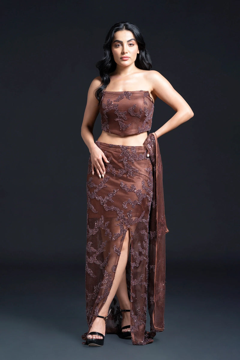 Brown Slit Long Skirt Set with Sequin Embellishment for Indo-Western Occasion Wear by Nidhi Mehra Couture