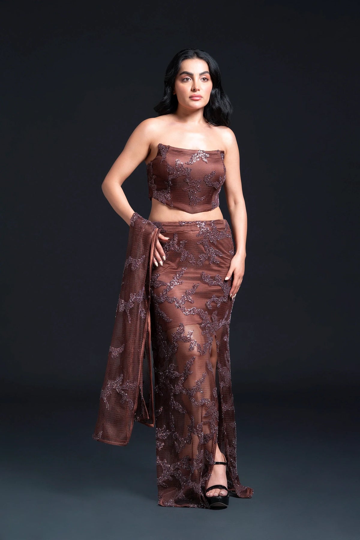 Brown Slit Long Skirt Set with Sequin Embellishment for Indo-Western Occasion Wear by Nidhi Mehra Couture