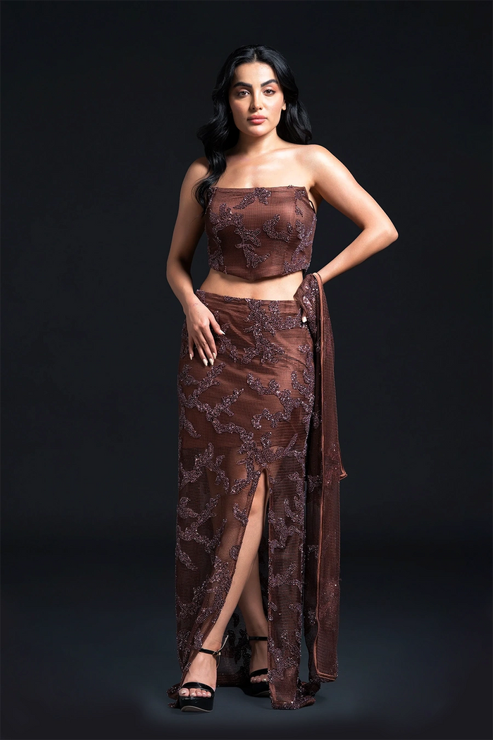 Brown Slit Skirt Set