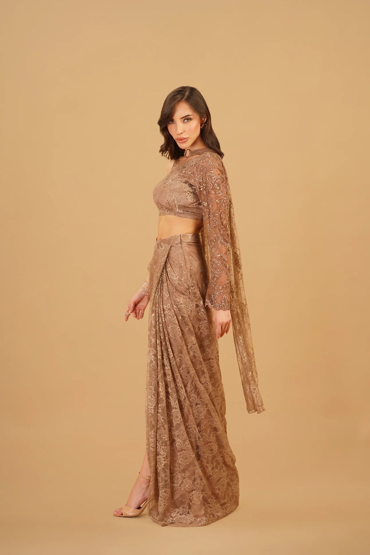 Dark Beige Chain-Embellished Drape Skirt Set