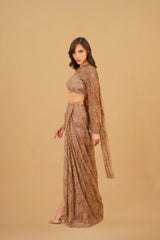 Dark Beige Chain-Embellished Drape Skirt Set