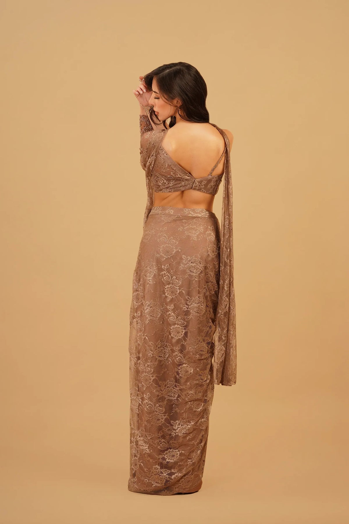 Dark Beige Chain-Embellished Drape Skirt Set