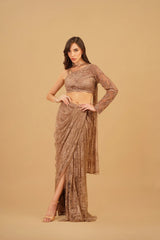 Dark Beige Chain-Embellished Drape Skirt Set