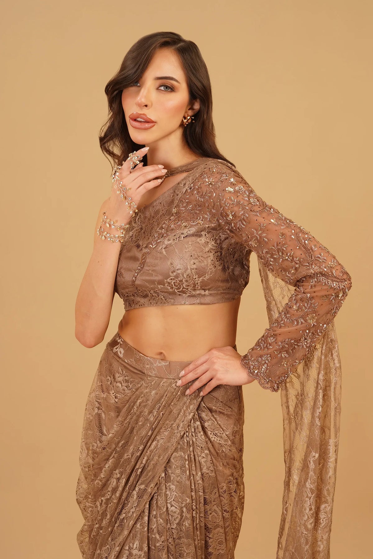 Dark Beige Chain-Embellished Drape Skirt Set