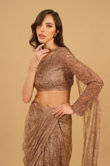 Dark Beige Chain-Embellished Drape Skirt Set