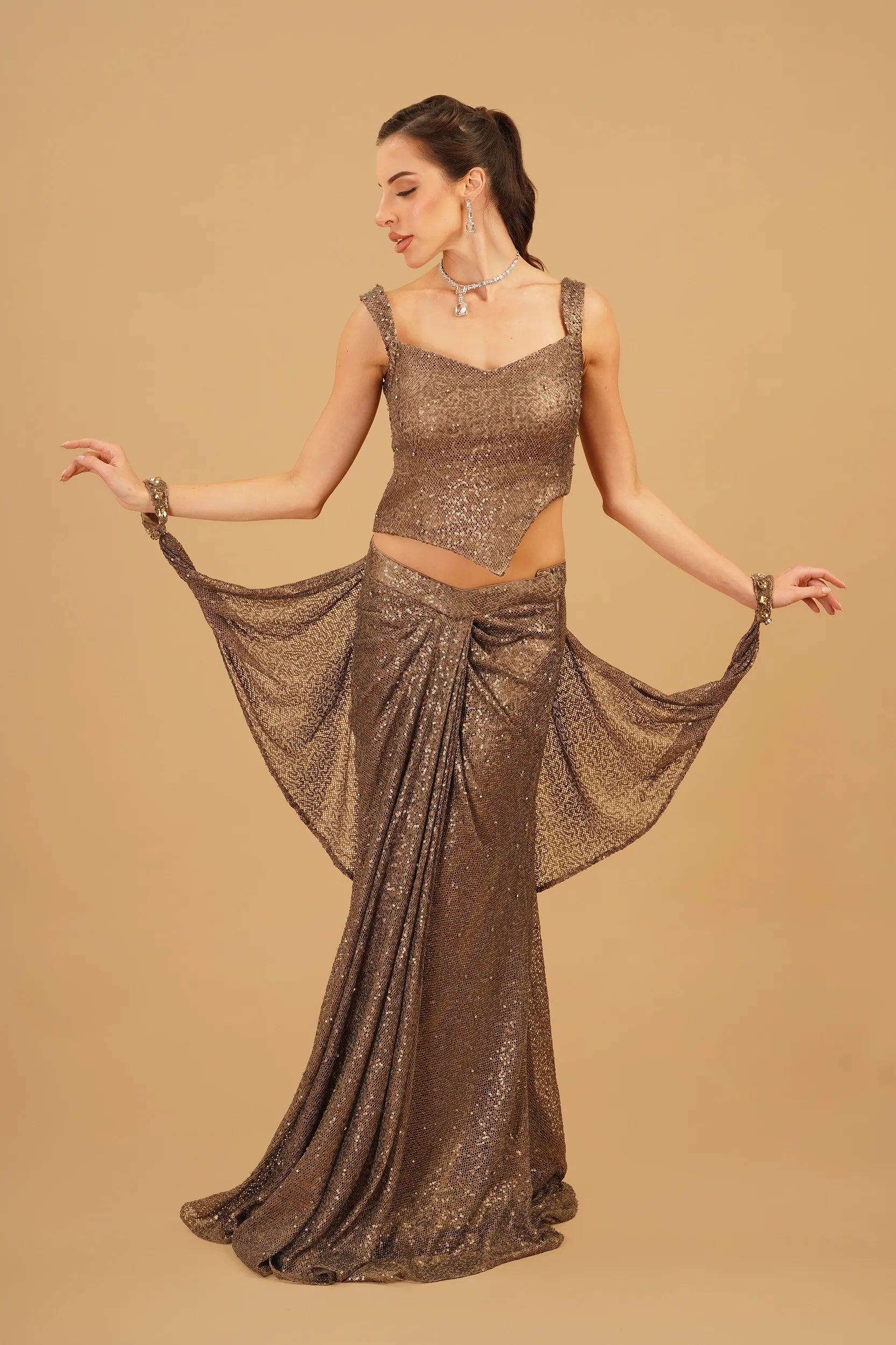 Dark Brown Drape Skirt Set