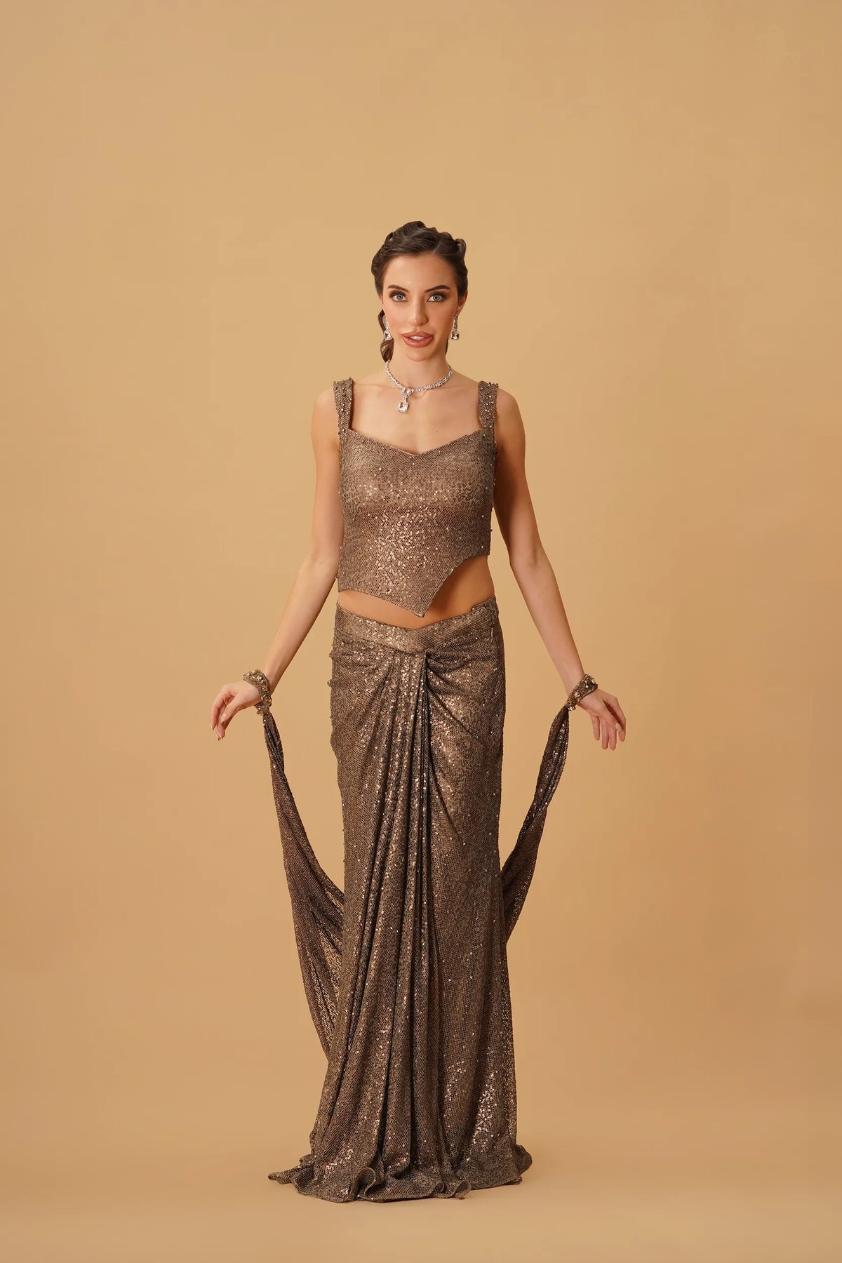 Dark Brown Drape Skirt Set