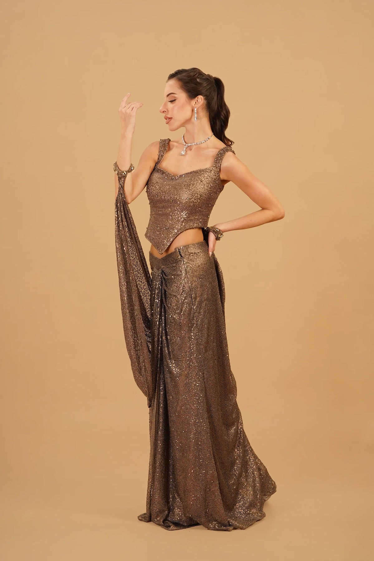 Dark Brown Drape Skirt Set
