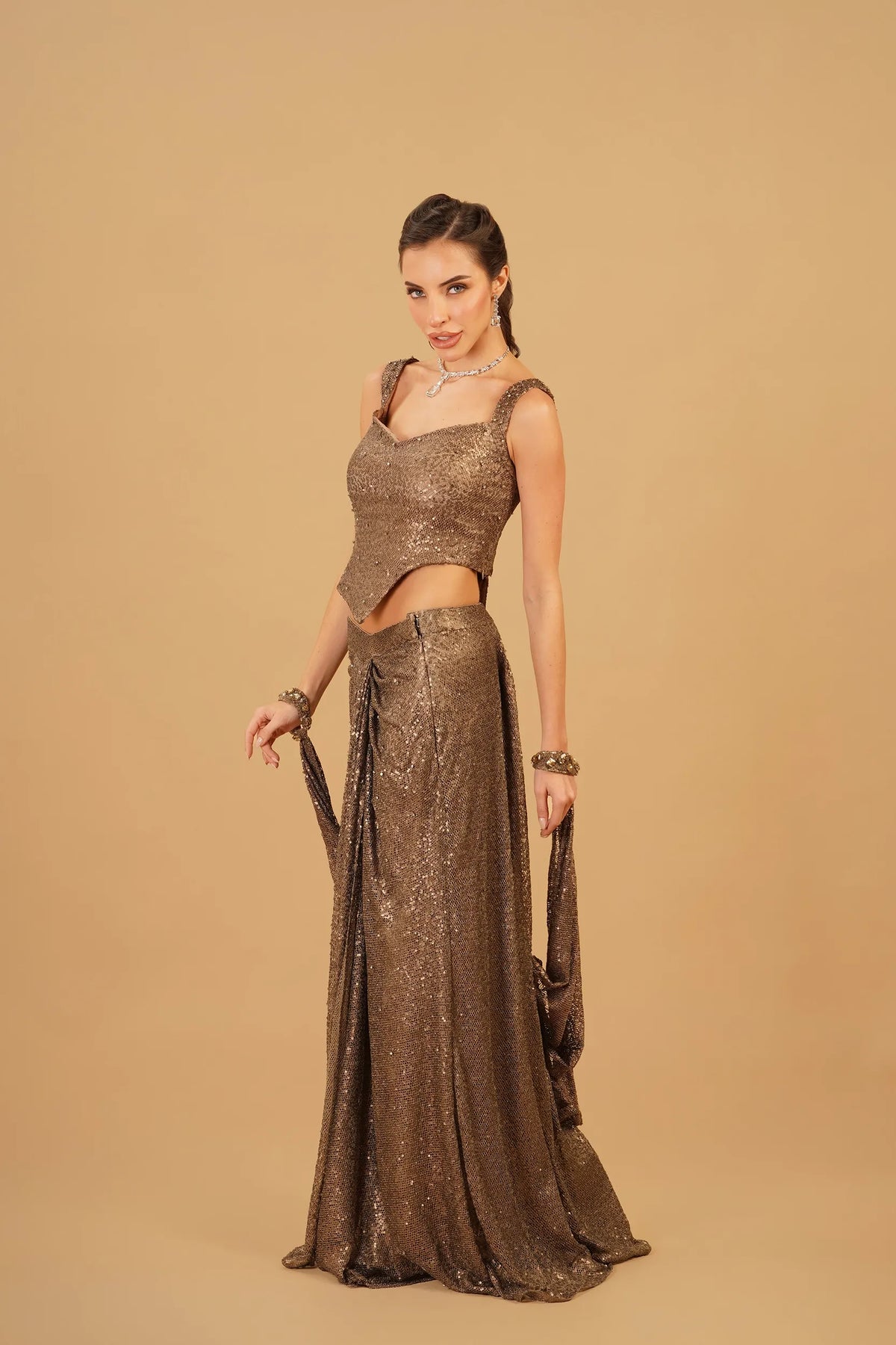 Dark Brown Drape Skirt Set