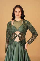 Dark Green Cutwork Skirt and Jacket Set