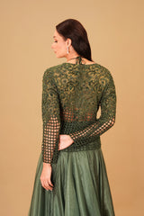 Dark Green Cutwork Skirt and Jacket Set