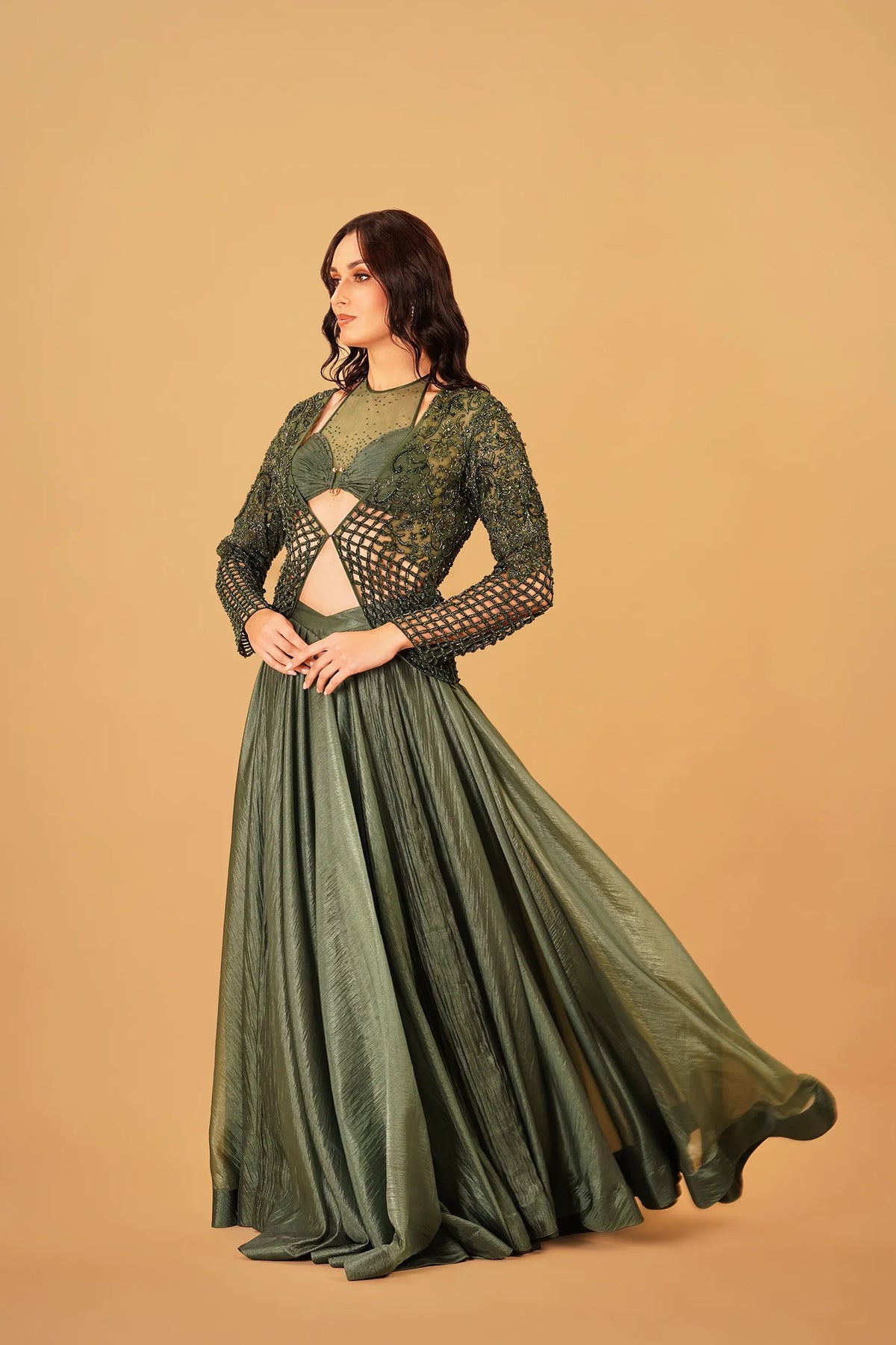 Dark Green Cutwork Skirt and Jacket Set