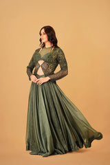 Dark Green Cutwork Skirt and Jacket Set