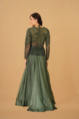 Dark Green Cutwork Skirt and Jacket Set