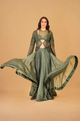 Dark Green Cutwork Skirt and Jacket Set