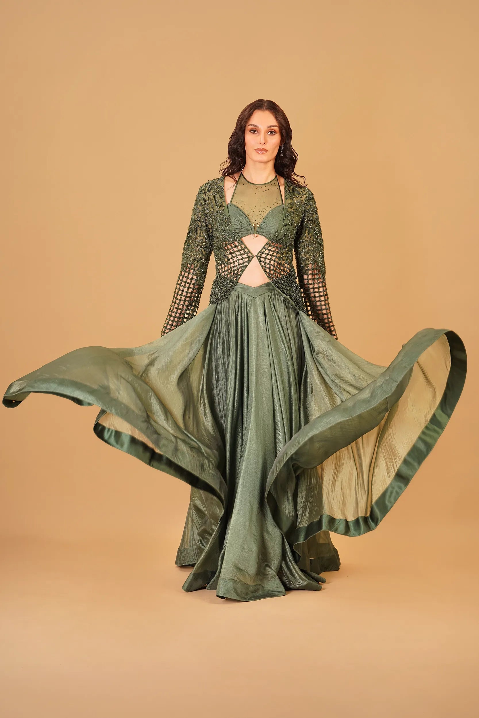 Dark Green Cutwork Skirt and Jacket Set