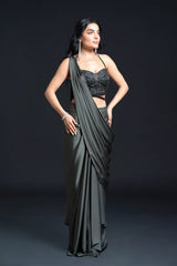Dark Green Drape Saree with Sequin Embellishment for Indo-Western Occasion Wear by Nidhi Mehra Couture