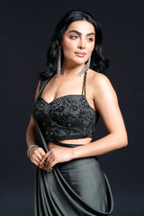 Dark Green Drape Saree with Sequin Embellishment for Indo-Western Occasion Wear by Nidhi Mehra Couture