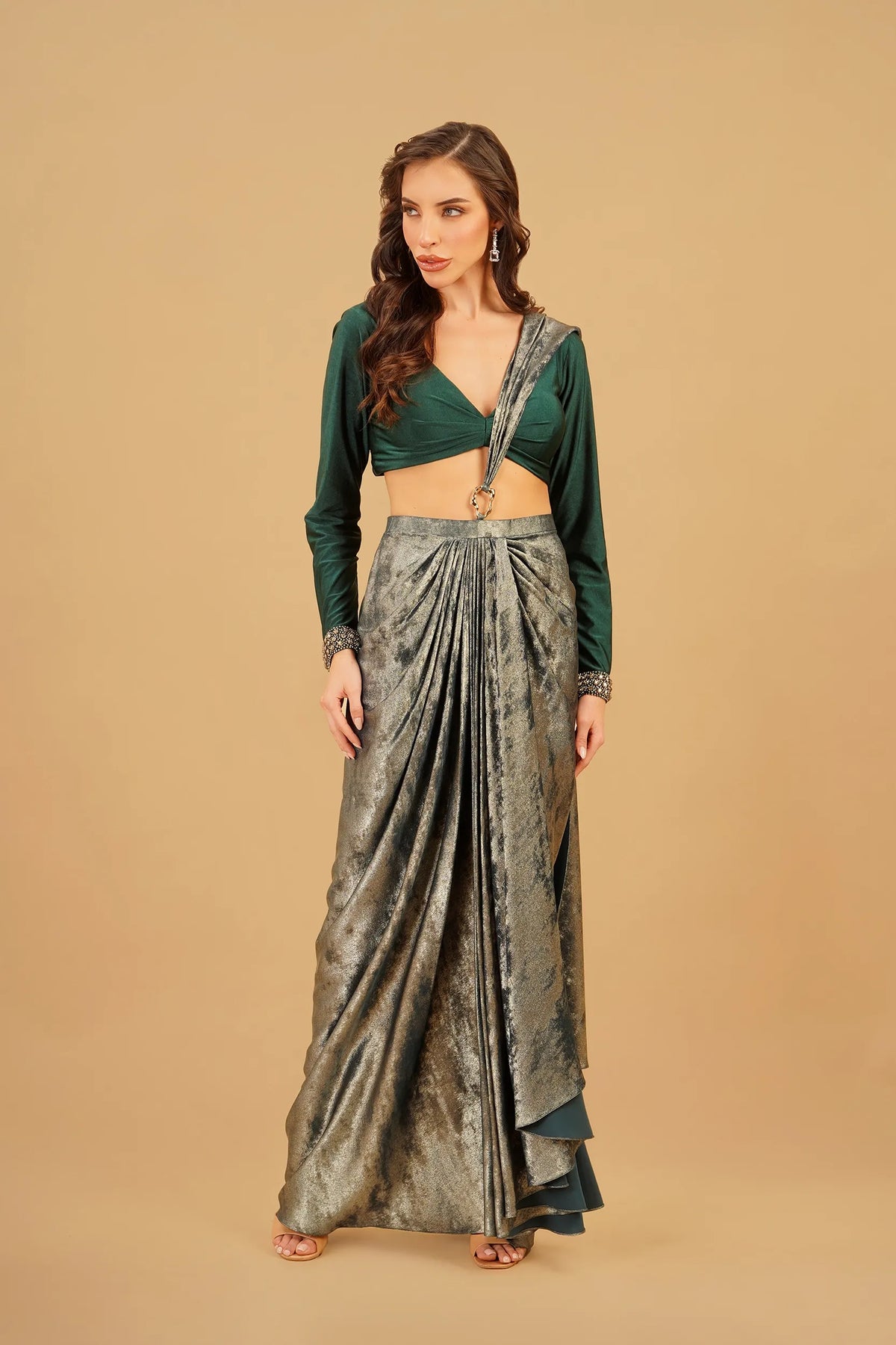 Dark Green Drape Saree with Buckle