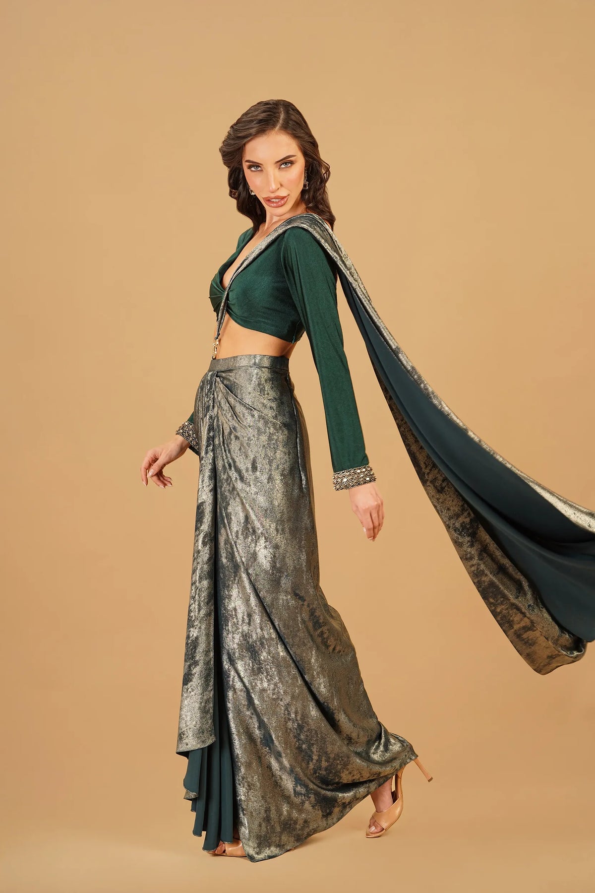Dark Green Drape Saree with Buckle