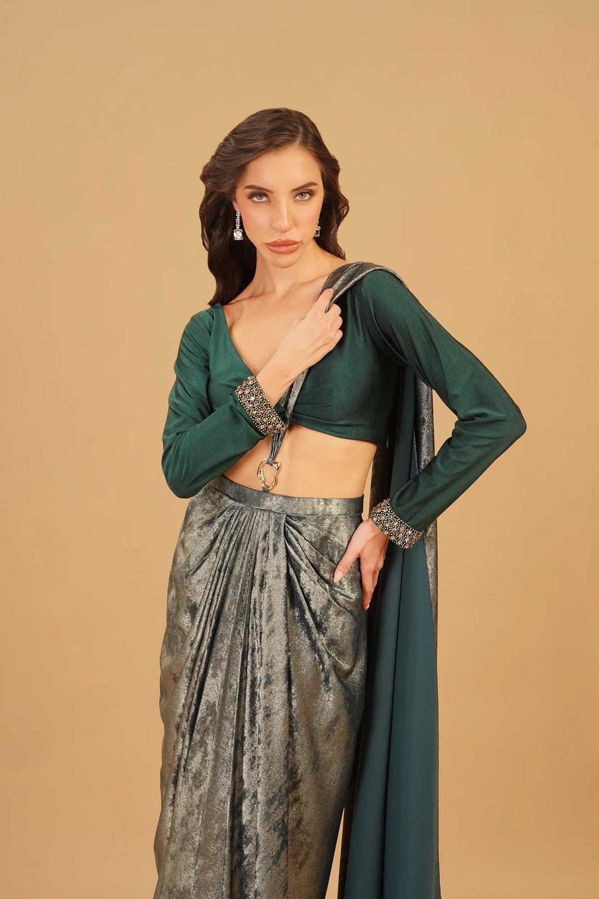 Dark Green Drape Saree with Buckle