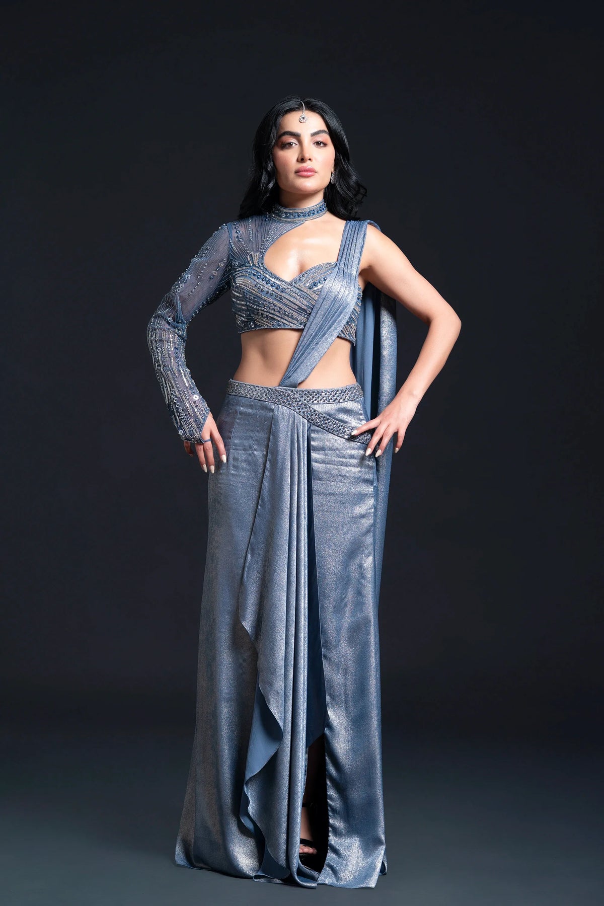 Dusty Blue Drape Saree with Sequin Embellishment for Indo-Western Occasion Wear by Nidhi Mehra Couture
